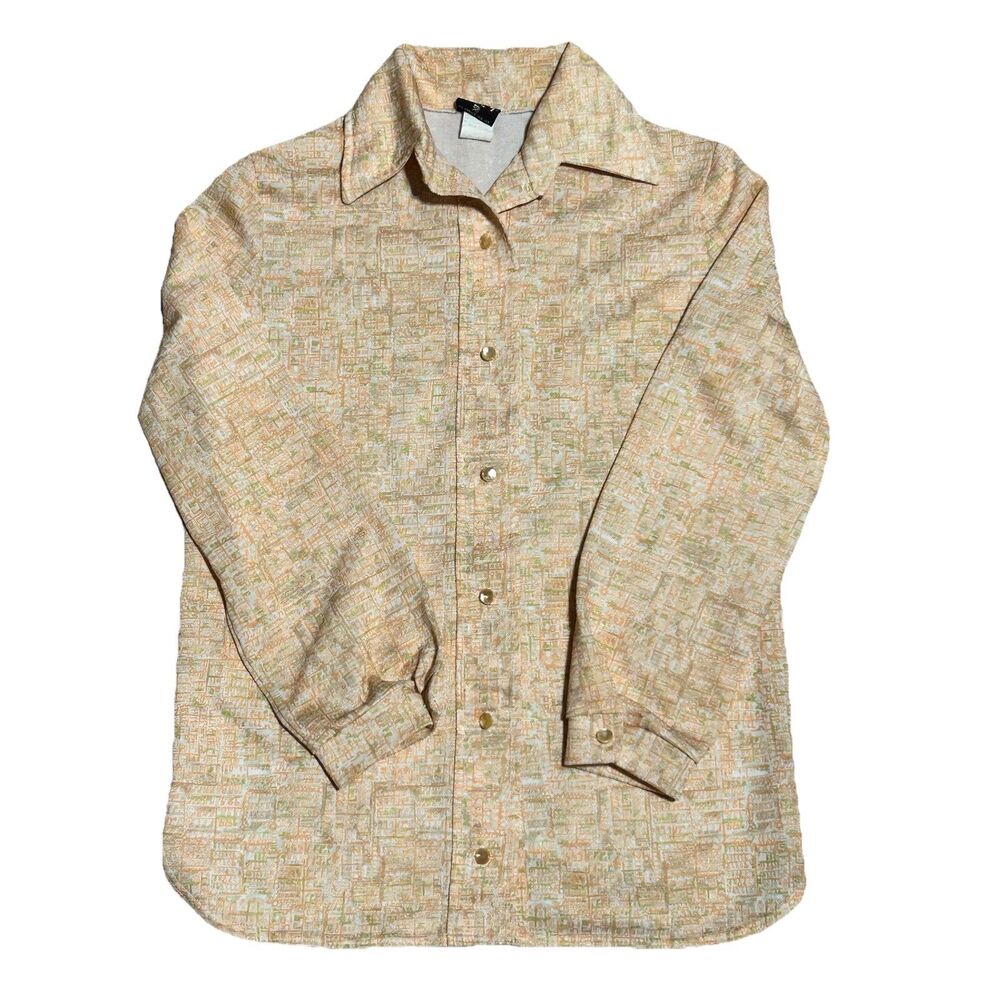 70s Retro Stage 7 Geometric Disco‎ Shirt Polyester Sz 10 Neutral Tones